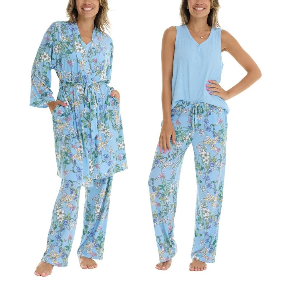 Flora Nikrooz Womens 3-Piece Pajama Set Blue Floral Robe Tank Pants 2XL New